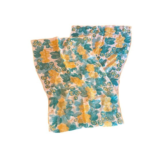 Vintage Vera Signed Floral Print Scarf Teal & Yellow On Cream Background - Picture 1 of 3